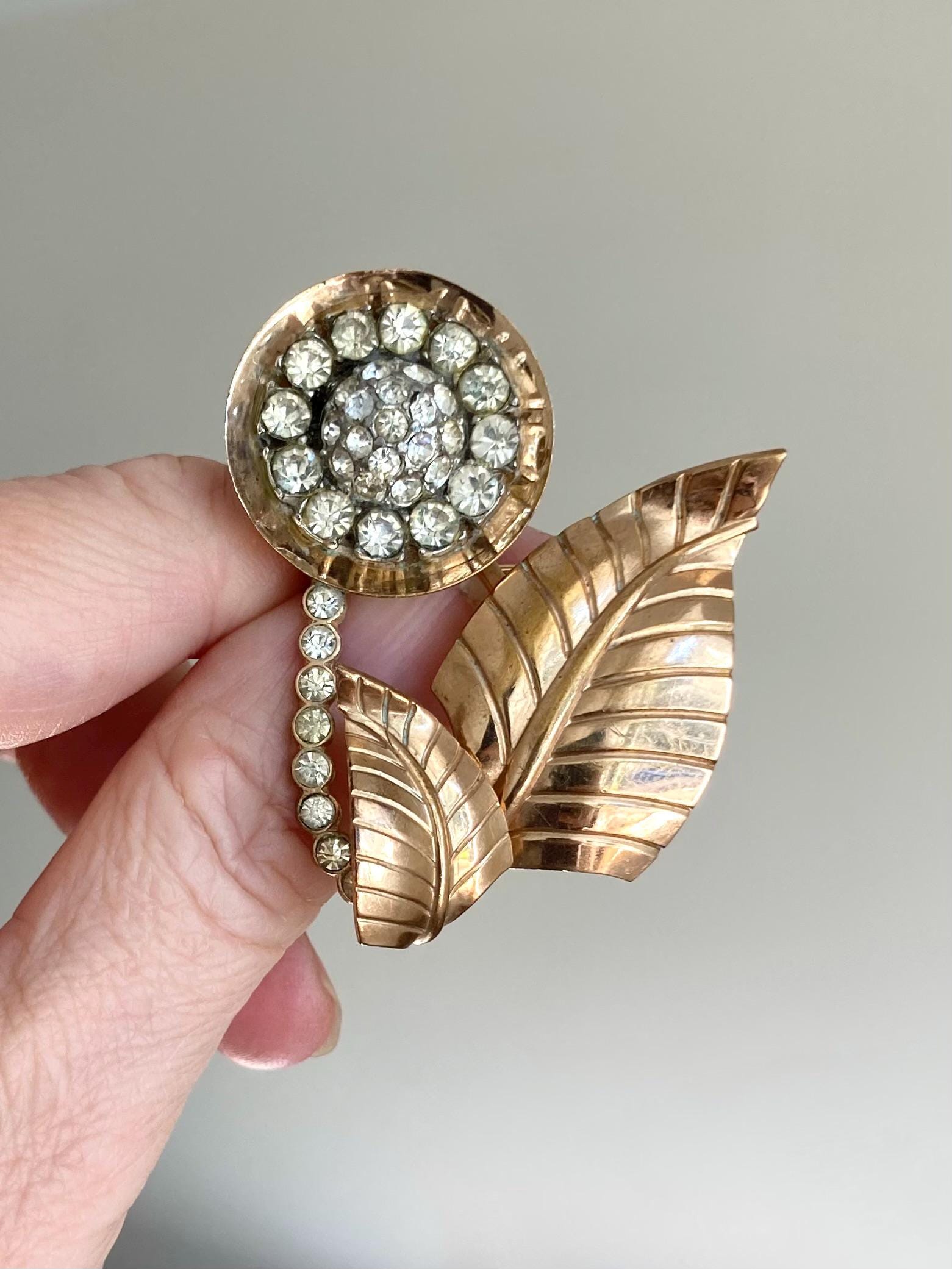 Vintage 1940s Art Deco sterling w/gold wash rhinestone flower brooch ; boock piece, collectible, rare