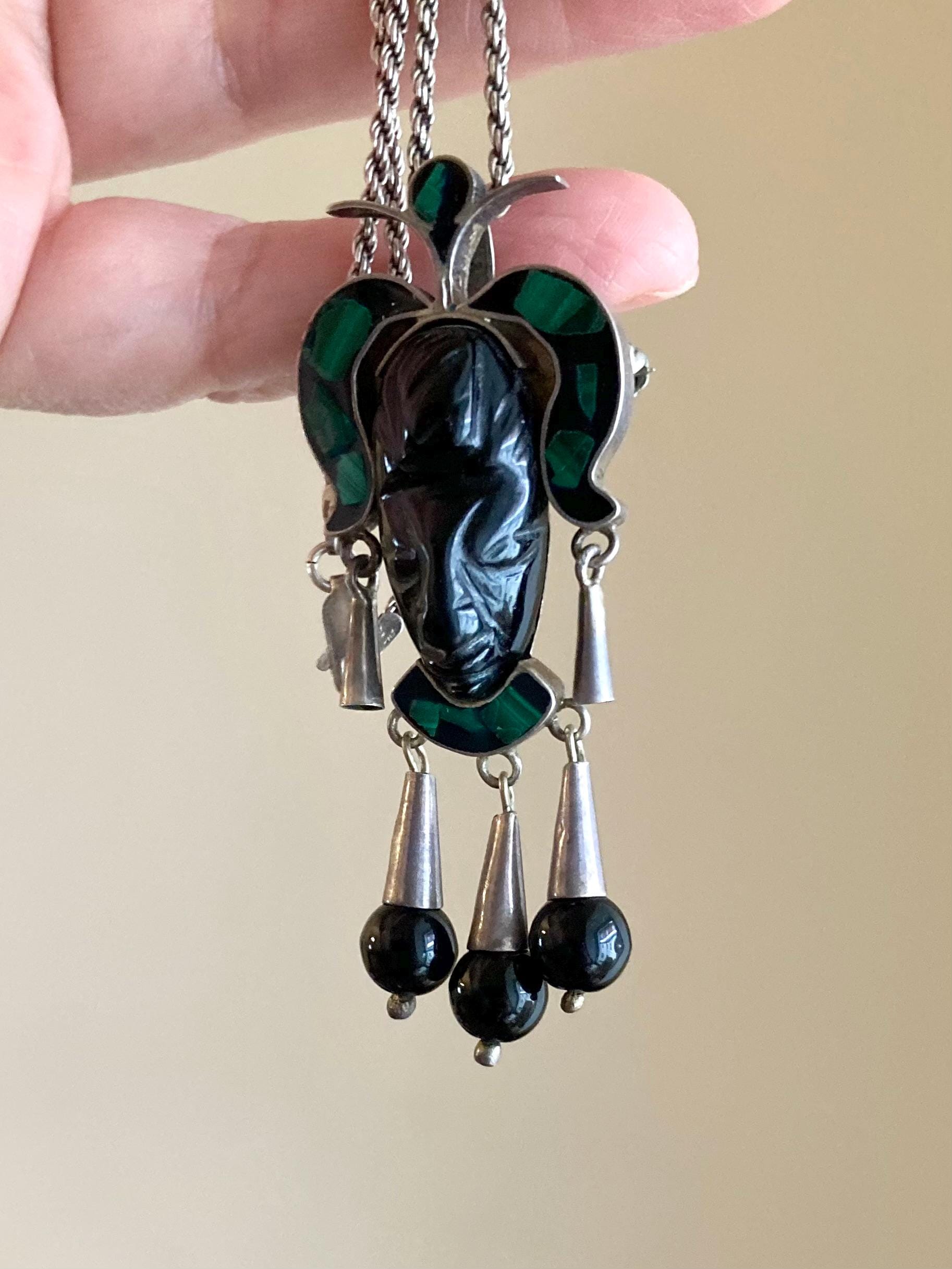 アクセサリー OX JEWELRY Silver Mask Code & Necklace Vintage Taxco Mexico Sterling Silver Signed Mayan Mask Onyx