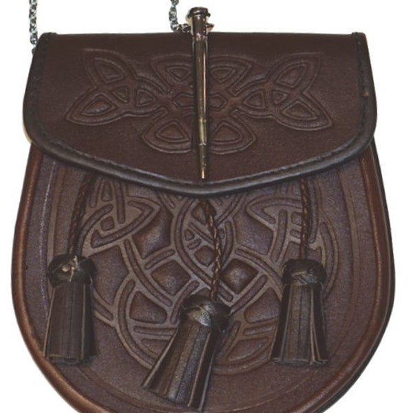 Celtic Embossed Brown Leather Made Sporran Bag Pin Lock Style