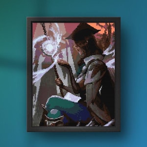 Puede incluir: Una impresión en pixel art enmarcada representa una figura con birrete, sosteniendo un orbe brillante y una varita. La obra de arte presenta una paleta de marrones, azules y blancos, con un tema de fantasía. La figura está sentada, con un libro abierto cerca.