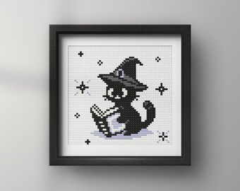 Witch cat cross stitch pattern PDF - cute halloween witchy small cat spell book