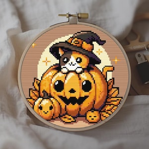 Halloween cat cross stitch pattern PDF - Pumpkin autumn leaves and a witch cat to celebrate Halloween