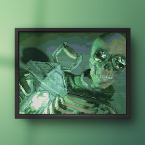 May include: A green and black pixelated image of a skull with a large, toothy grin. The skull is wearing a dark green hat and has large, round eyes. The skull is holding a large, green object in its hands.