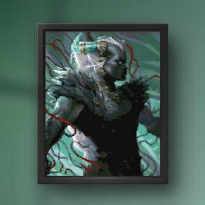 May include: A digital painting of a fantasy creature with pale skin, horns, and a dark, feathered cloak. The creature is surrounded by swirling green and blue patterns, and red lines.