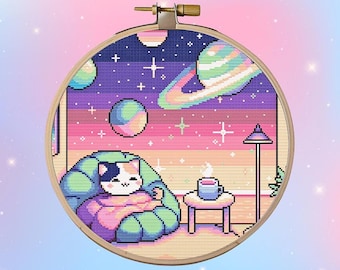Schema punto croce gatto galattico PDF - Gatto accogliente che si gode il tramonto nello spazio, Elementi stellati galattici celesti con colori cromatici vivaci
