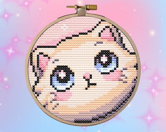 Gatto kawaii - Schema punto croce - Gatto galattico carino con colori pastello tenui - Adatto ai principianti