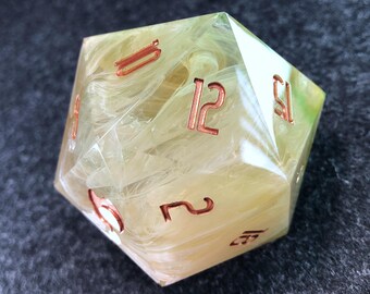 Handmade 50mm Resin D20 – Yellow Green Marbled Dice with Copper Numbers