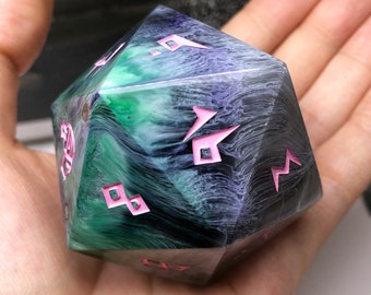 Emerald Swirl Petri Dish Art 50mm Resin D20 Dice, Large Handmade Dice, D&D D20, Jumbo DND Handcrafted Resin D20 Die For Role Playing Games