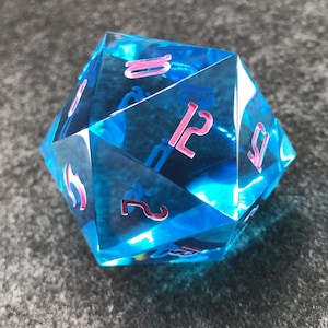 Oversized 50mm Blue Resin D20 Dice with Pink Numbers for DND Tabletop RPG Gaming - Handmade Large Polyhedral Dice for Dungeons and Dragons