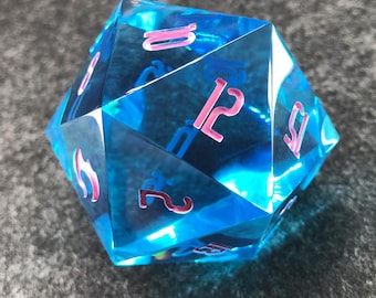 Oversized 50mm Blue Resin D20 Dice with Pink Numbers for DND Tabletop RPG Gaming - Handmade Large Polyhedral Dice for Dungeons and Dragons
