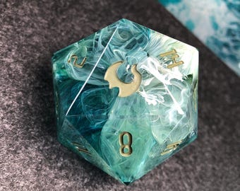 Handcrafted Teal Swirl Resin D20 Dice, Dark Green Numbers