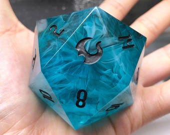 Celestial Frost - Teal 50mm Resin D20 Dice, Large Handmade Dice, D&D D20, Jumbo DND Handcrafted Resin D20 Die For Role Playing Games
