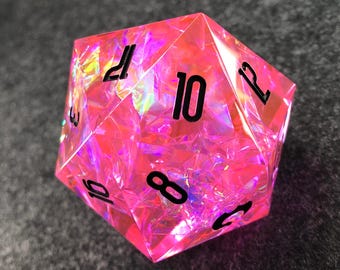 Oversized 50mm Iridescent Pink Resin Dice - Sparkly Large Handmade Polyhedral D20 for RPG Games, Dungeons & Dragons, Tabletop Role-Playing