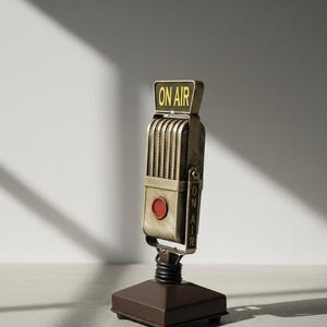 May include: A vintage-style microphone ornament with a metallic gold finish, featuring a rectangular sign at the top that reads ON AIR in yellow letters. A matching vertical ON AIR sign is on the side, with a circular red button on the front.