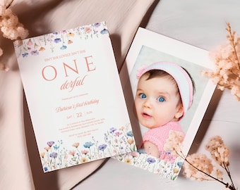 May include: A white invitation card with a floral border and the text "Isn't she lovely isn't she One derful" in pink and white. The card also includes the text "Patricia's first birthday" and the date "Sat 22 Jun".