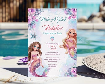 Editable Mermaid Birthday Invitation, Pink Mermaid Invite, Under the Sea Birthday, Printable Mermaid Invite, Instant Download, M2427