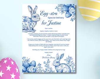 May include: An Easter-themed card with blue floral and bunny illustrations. The card reads "Egg-stra Special Delivery for Justine" and includes a personalized message from The Easter Bunny. A pink and yellow Easter egg are in the background.