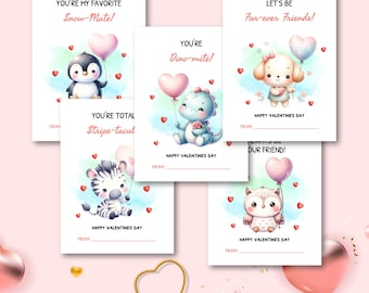 Editable Valentine’s Day Cards for Kids, Valentines Gift Tags, Classroom Heart’s Day Party Favors, Printable Animal Valentine's Day Cards