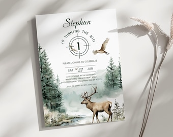Editable The Big One Hunting First Birthday Invite, Boy 1st Birthday Invitation, Deer Birthday, Buck Mallard Whitetail Deer Hunting, M2502