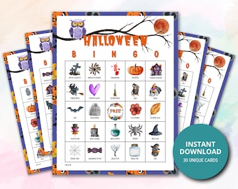 Halloween Bingo, 30 Halloween Bingo Cards, Printable Halloween Games, Fun Kids Halloween Classroom Activity, Kids Halloween Party Game