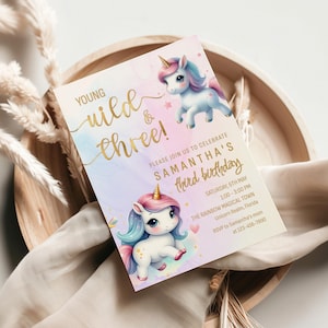Editable Young Wild and Three Unicorn Invitation, Rainbow 3rd Birthday Party Invite, Pastel Third Birthday Party Invitation Template, M2433