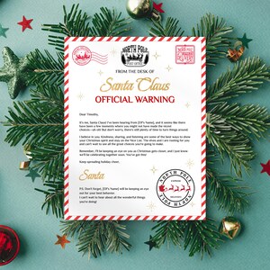 May include: A printable Santa Claus warning letter with red and white stripes on the border. The letter is addressed to Timothy and includes the text "Official Warning" in gold letters. The letter is from the North Pole Post Office and includes a red and white stamp with the text "North Pole Express Delivery".
