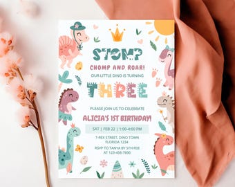 Editable Three Rex Birthday Invitation, Dinosaur 3rd Birthday Girl Invite, Printable Dino Party Digital Template, Instant Download, M2442