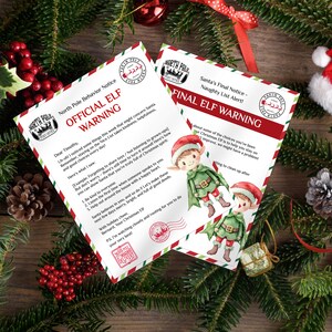 May include: Two Christmas Elf warning letters with red and green borders. One is an "Official Elf Warning" and the other is a "Final Elf Warning." The letters feature illustrations of elves and are surrounded by Christmas decorations.