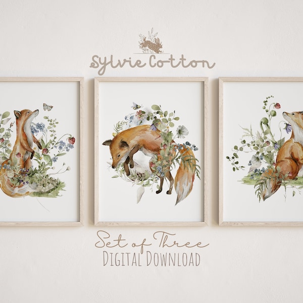 Set of 3 Botanical Fox Prints | Woodland Animal & Forest Wildflowers Watercolor Cottagecore Printable Gallery Wall Art | Digital Download