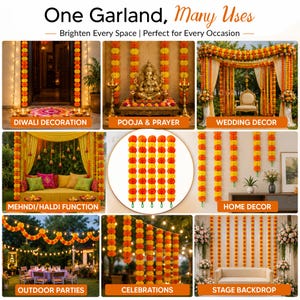 K&ouml;nnte beinhalten: Eine Sammlung k&uuml;nstlicher Ringelblumen-Girlanden in leuchtendem Orange und Gelb, dargestellt in verschiedenen Umgebungen wie T&uuml;rrahmen, Hochzeitsb&ouml;gen und B&uuml;hnenhintergr&uuml;nden, mit Text&uuml;berlagerungen zu ihren vielseitigen Dekorationsm&ouml;glichkeiten.