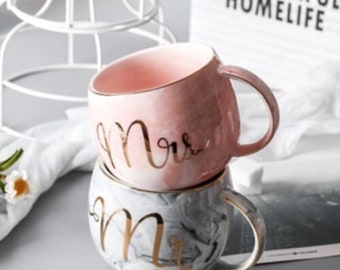 Mr and Mrs Couples Cup Set Ceramic Marble Effect Ideal Wedding/Anniversary Gift Free UK Post with Box