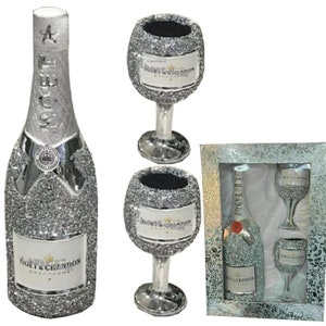 Champagne Bottle Silver Crushed Diamond Sparkle Shelf Sitter Ornament Luxury Figurine Table Display Home Decor Glitter Gift Set UK 30cm UK