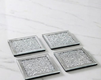 Crushed Crystal Coasters, Set of 4, Silver Mirrored Sparkle