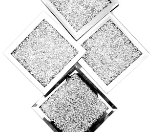 Set of 4 Silver Square Crushed Crystal Costers Diamond Bling Mirrored Sparkle Free UK POST