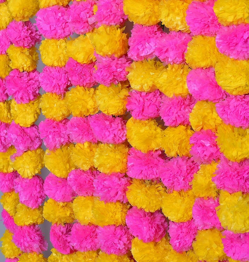BML 5 x künstliche Ringelblumen-Girlanden Strings indische Hochzeit Diwali Dekor 132 cm handgemachte Festival-Dekoration Pink Mix Yellow