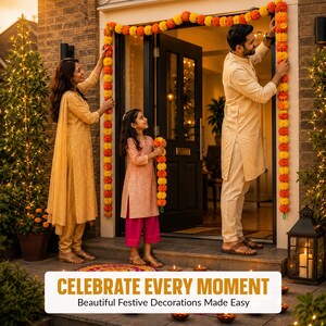 K&ouml;nnte beinhalten: Eine Familie schm&uuml;ckt einen T&uuml;rrahmen mit einer langen Girlande aus orangefarbenen und gelben Ringelblumen. Der Text auf dem Bild lautet: CELEBRATE EVERY MOMENT, Beautiful Festive Decorations Made Easy. Die Szene zeigt eine dunkle T&uuml;r.