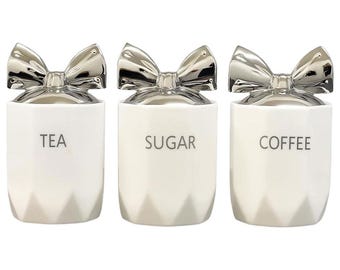 Ceramic Tea Coffee Sugar Canister Set, Silver Bow Lids