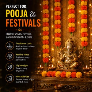 K&ouml;nnte beinhalten: Eine messingfarbene Ganesha-Statue auf einer Holzoberfl&auml;che, umgeben von orangefarbenen und gelben Ringelblumen-Girlanden. Das Bild enth&auml;lt den Text PERFECT FOR POOJA & FESTIVALS sowie Symbole und Beschreibungen f&uuml;r die Dekoration.