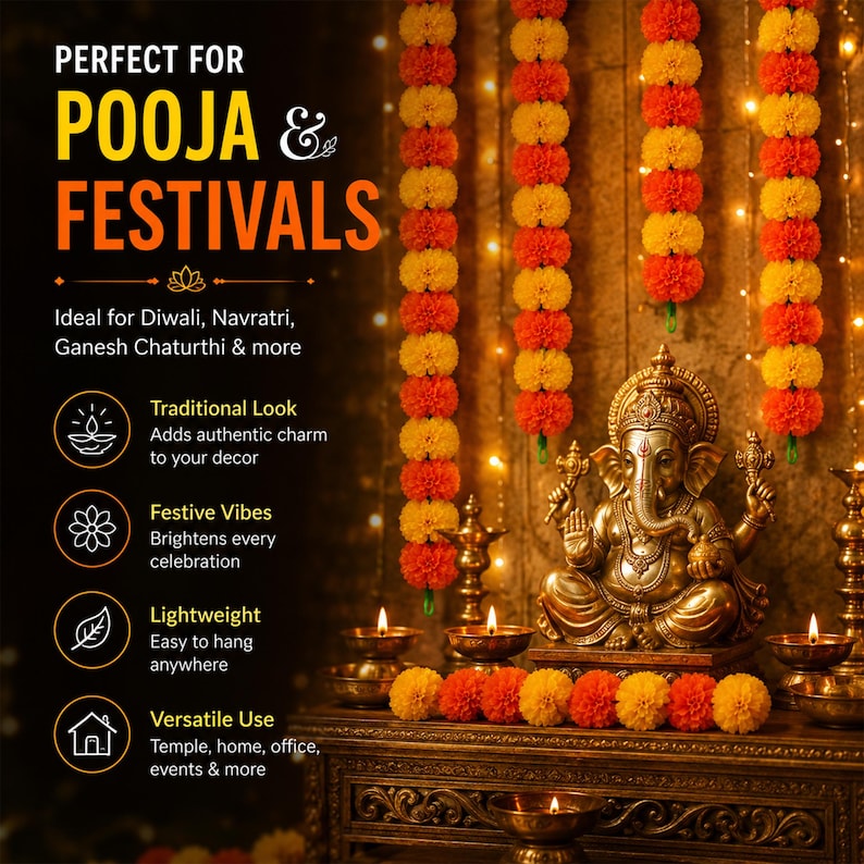 K&ouml;nnte beinhalten: Eine messingfarbene Ganesha-Statue auf einer Holzoberfl&auml;che, umgeben von orangefarbenen und gelben Ringelblumen-Girlanden. Das Bild enth&auml;lt den Text PERFECT FOR POOJA & FESTIVALS sowie Symbole und Beschreibungen f&uuml;r die Dekoration.