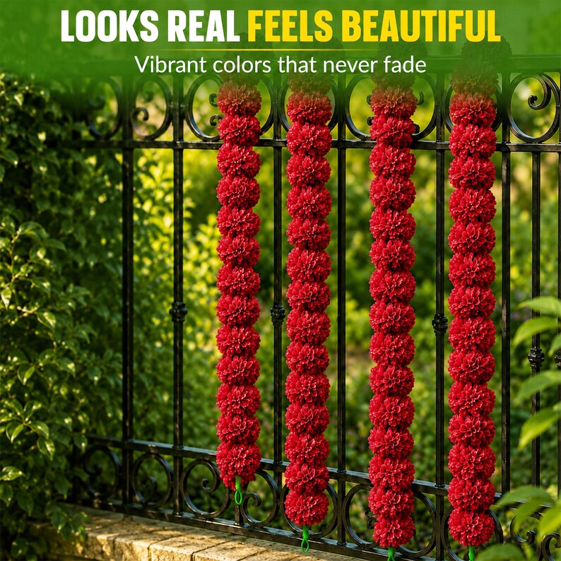 K&ouml;nnte beinhalten: Vier vertikale Girlanden aus dunkelroten k&uuml;nstlichen Ringelblumen, die an einem schwarzen Metallzaun h&auml;ngen. Der Text oben lautet: LOOKS REAL FEELS BEAUTIFUL. Darunter steht der Text: Vibrant colors that never fade. Die Bl&uuml;ten sind dicht.