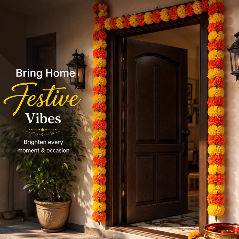 K&ouml;nnte beinhalten: Eine dunkelbraune Holzt&uuml;r, umrahmt von einer langen Girlande aus abwechselnd gelben und orangefarbenen Ringelblumen. Der Text lautet: Bring Home Festive Vibes. Brighten every moment & occasion. Eine gr&uuml;ne Topfpflanze und eine Wandlaterne sind zu sehen.