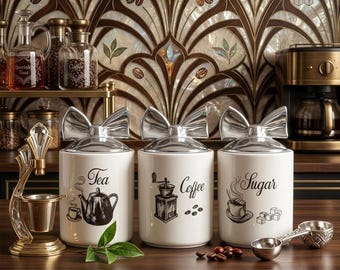 Ceramic Tea Coffee Sugar Canisters Set, Bow Lids, Kitchen Storage