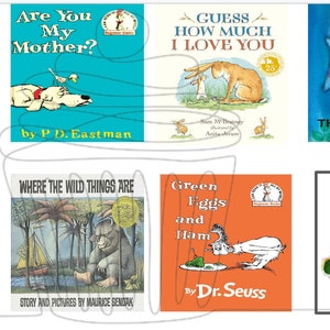 Op de afbeelding: Een collage van acht populaire kinderboekomslagen. De omslagen tonen illustraties van een rode hond, een beer, een wild dier, een rups, een vis, een konijn en een vogel. De titels van de boeken zijn "Clifford, de grote rode hond", "Ben jij mijn moeder?", "Raad hoeveel ik van je hou", "Corduroy", "Waar de wilde dingen zijn", "Groene eieren en ham", "De regenboogvis", en "De zeer hongerige rups."