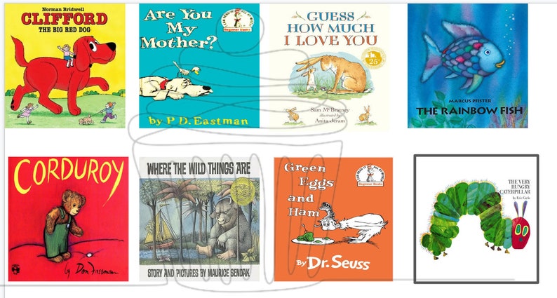 Op de afbeelding: Een collage van acht populaire kinderboekomslagen. De omslagen tonen illustraties van een rode hond, een beer, een wild dier, een rups, een vis, een konijn en een vogel. De titels van de boeken zijn "Clifford, de grote rode hond", "Ben jij mijn moeder?", "Raad hoeveel ik van je hou", "Corduroy", "Waar de wilde dingen zijn", "Groene eieren en ham", "De regenboogvis", en "De zeer hongerige rups."