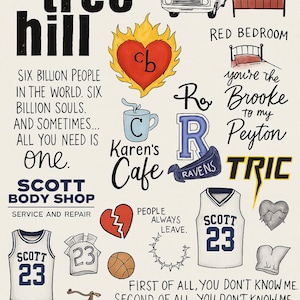 以下が含まれることがあります： 白い背景に黒い文字で「one tree hill」と書かれています。画像には、テレビ番組に関連するさまざまなイラストが描かれており、中には「CB」のイニシャルが入った赤いハート、文字「C」と「Karen's Cafe」の文字が入ったコーヒーカップ、番号「23」と名前「Scott」が入ったバスケットボールのユニフォーム、壊れたハート、車、ベッド、そして「You're the Brooke to my Peyton」の文字があります。
