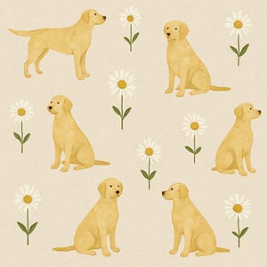 May include: A seamless pattern featuring yellow labrador retrievers and white daisies on a beige background. The dogs are in various poses, including sitting, standing, and looking to the side. The daisies have white petals and yellow centers.