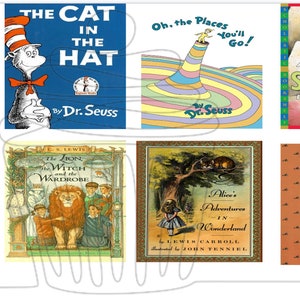 Op de afbeelding: Een collage van acht kinderboekomslagen. De omslagen tonen illustraties van een konijn, een kat, een regenboog, een meisje met strepen, een stier, een leeuw, een meisje in een bos en een beer.