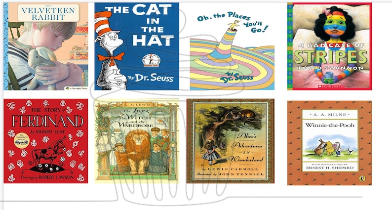 Op de afbeelding: Een collage van acht kinderboekomslagen. De omslagen tonen illustraties van een konijn, een kat, een regenboog, een meisje met strepen, een stier, een leeuw, een meisje in een bos en een beer.