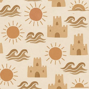May include: A seamless pattern featuring brown sandcastles, suns, and waves on a beige background. The pattern is perfect for a summery, beach-themed design.