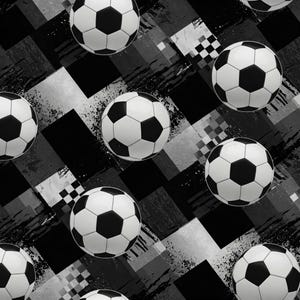 May include: Black and white checkered pattern with a repeating pattern of soccer balls. The soccer balls are white with black stitching and a black and white pattern.